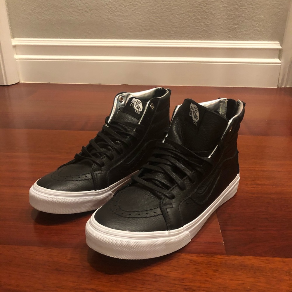 Vans Black Leather Sk8-Hi Top Shoes with Zipper